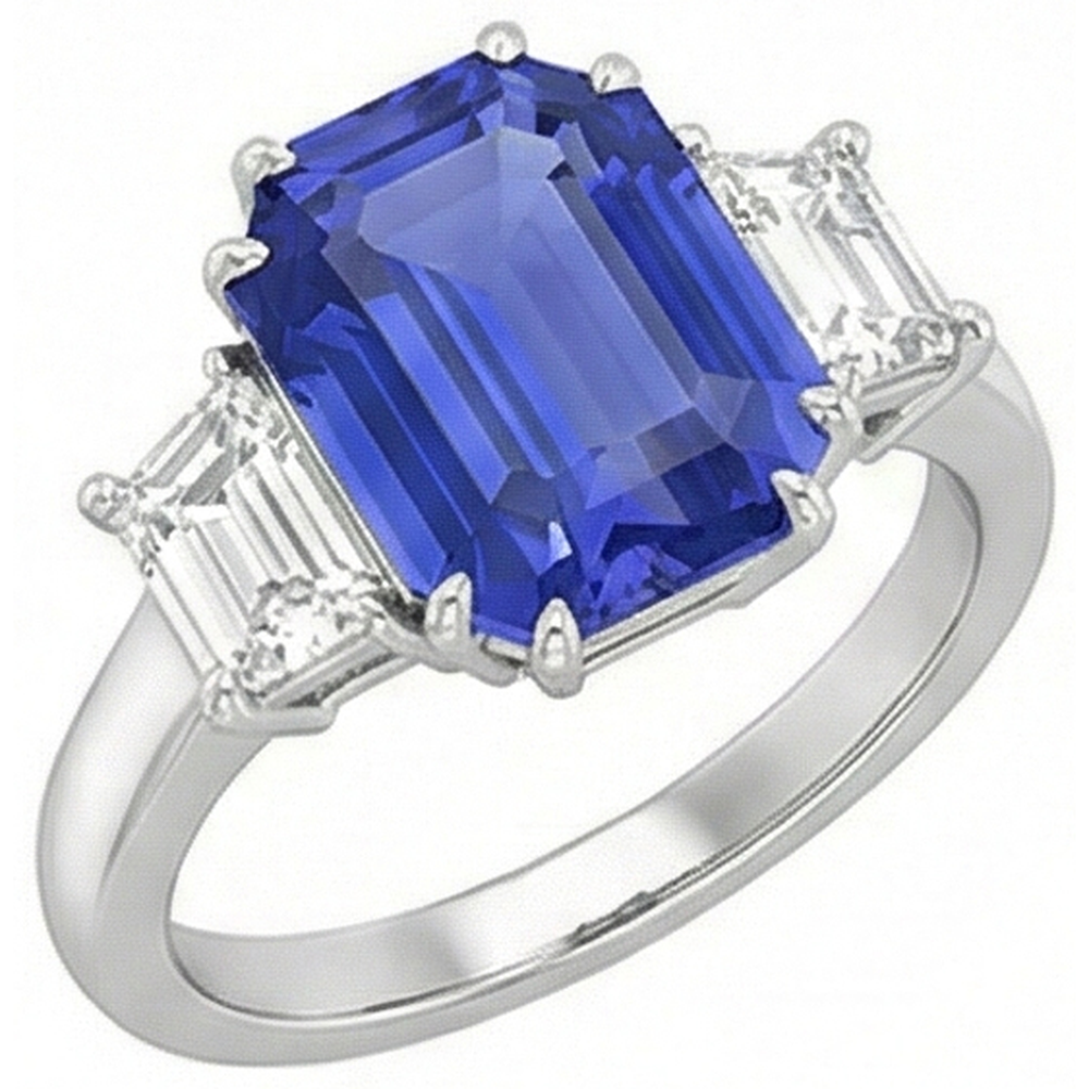 3 Stone Emerald & Trapezoid Natural Earth Mined Diamond Ceylon Sapphire Ring 3 Carats