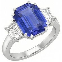 3 Stone Emerald & Trapezoid Natural Earth Mined Diamond Ceylon Sapphire Ring 3 Carats
