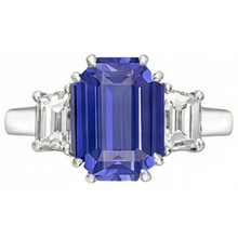3 Stone Emerald & Trapezoid Natural Earth Mined Diamond Ceylon Sapphire Ring 3 Carats