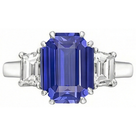 3 Stone Emerald & Trapezoid Natural Earth Mined Diamond Ceylon Sapphire Ring 3 Carats