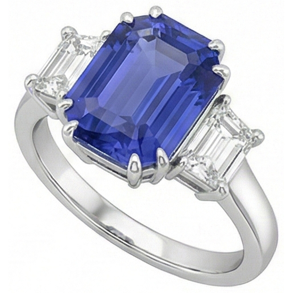 3 Stone Emerald & Trapezoid Natural Earth Mined Diamond Ceylon Sapphire Ring 3 Carats
