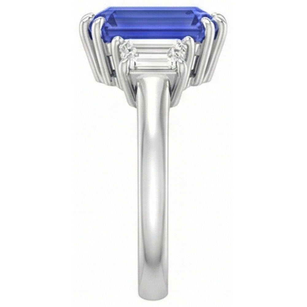 3 Stone Emerald & Trapezoid Natural Earth Mined Diamond Ceylon Sapphire Ring 3 Carats