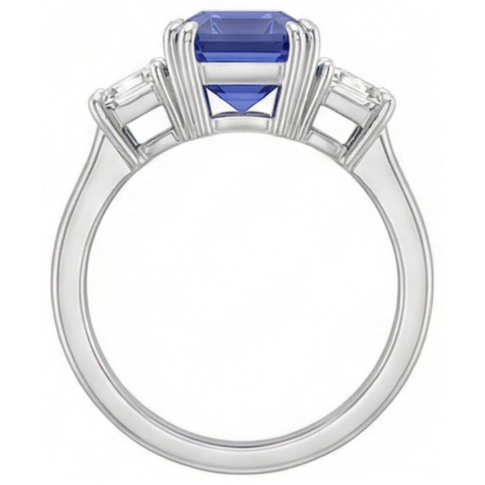 3 Stone Emerald & Trapezoid Natural Earth Mined Diamond Ceylon Sapphire Ring 3 Carats