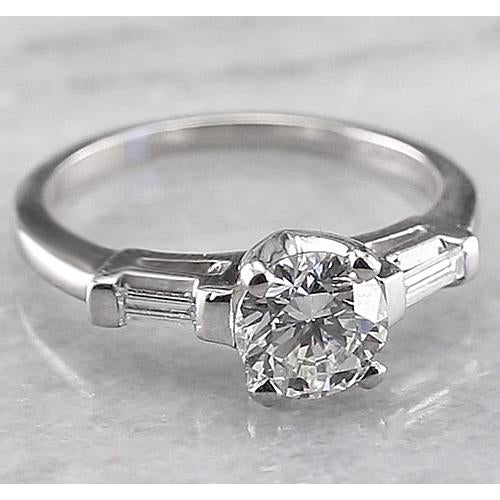 3 Stone Engagement Ring 1.60 Carats Round & Baguettes Real Diamonds White Gold 14K