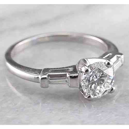 3 Stone Engagement Ring 1.60 Carats Round & Baguettes Real Diamonds White Gold 14K