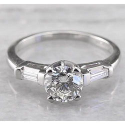 3 Stone Engagement Ring 1.60 Carats Round & Baguettes Real Diamonds White Gold 14K