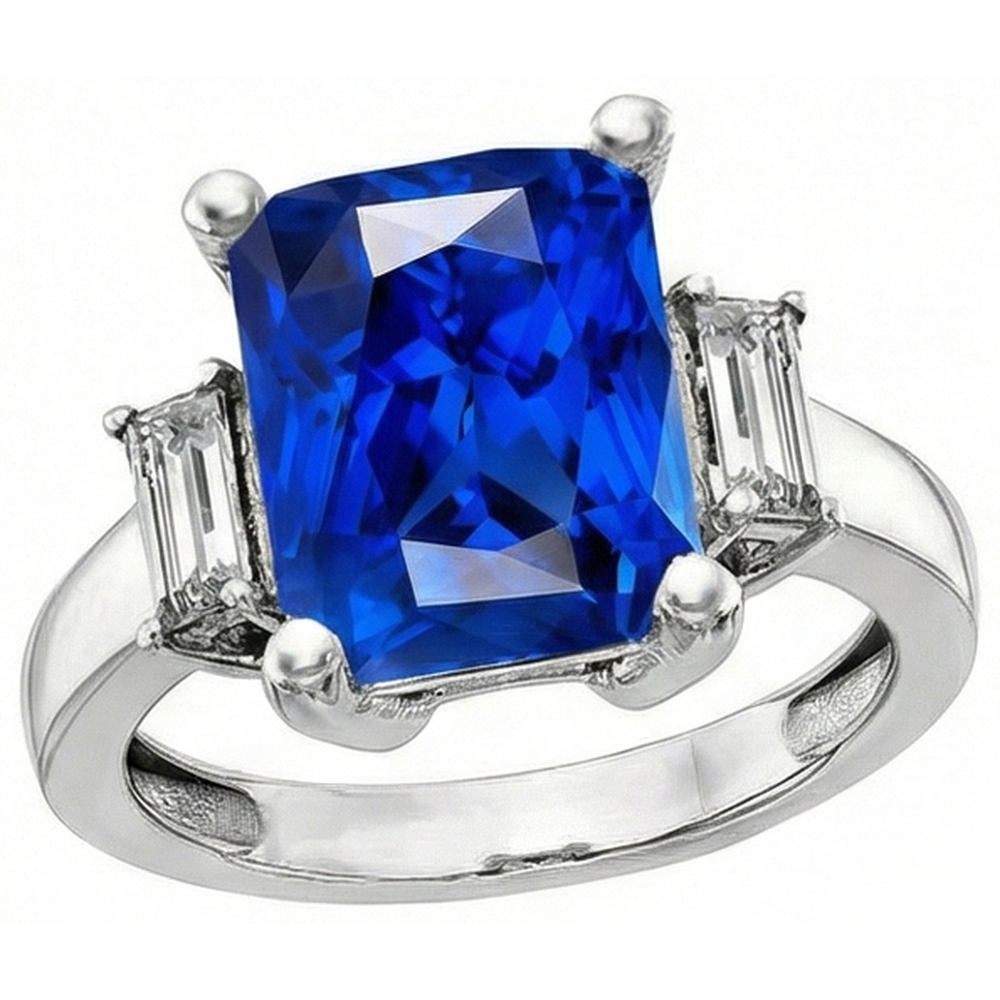 3 Stone Gold Radiant Sapphire Ring Straight Baguette Natural Earth Mined Diamonds 4 Carats