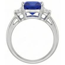 3 Stone Gold Ring Princess Blue Sapphire & Trapezoid Natural Earth Mined Diamonds 4 Carats