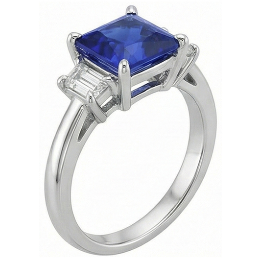 3 Stone Gold Ring Princess Blue Sapphire & Trapezoid Natural Earth Mined Diamonds 4 Carats