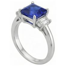 3 Stone Gold Ring Princess Blue Sapphire & Trapezoid Natural Earth Mined Diamonds 4 Carats