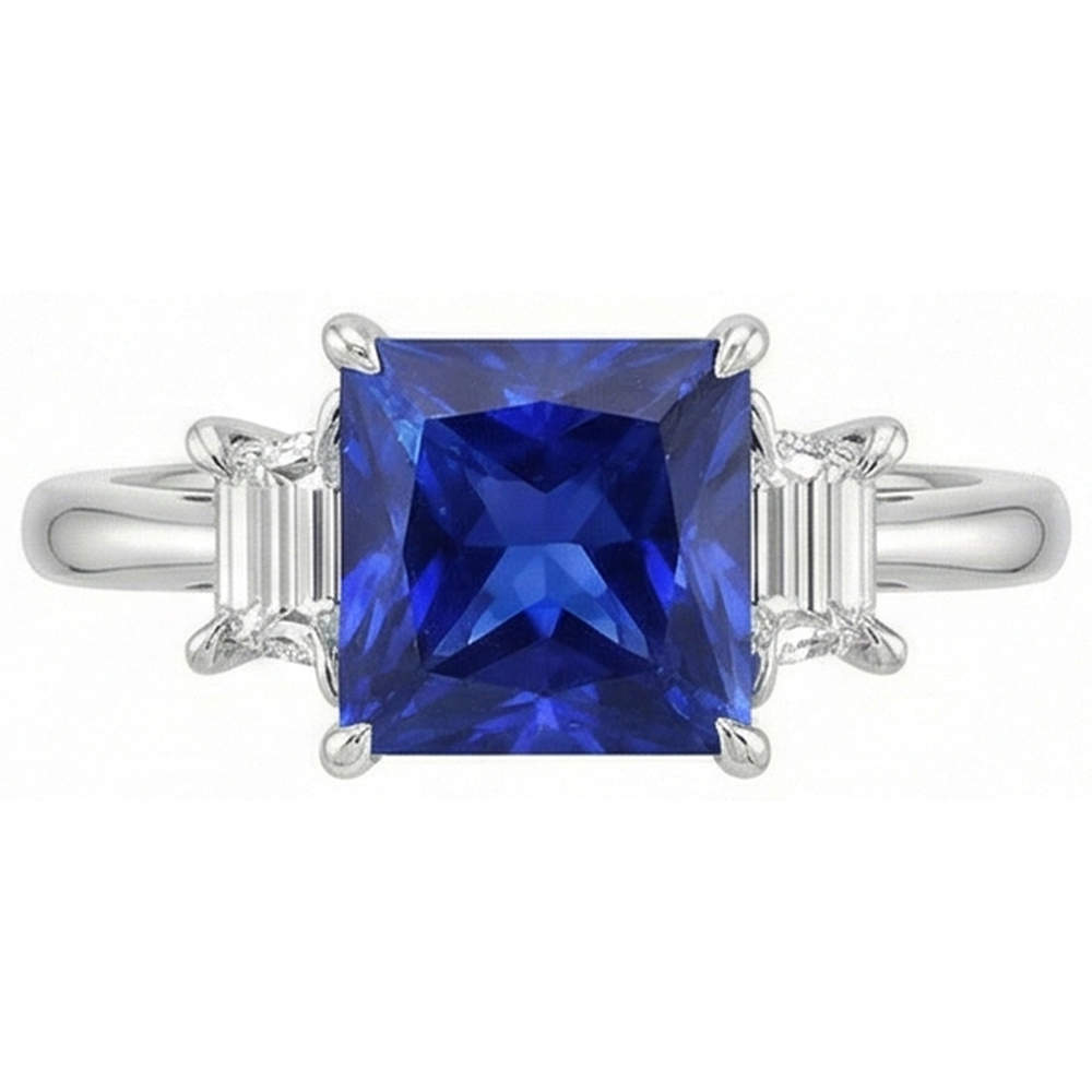 3 Stone Gold Ring Princess Blue Sapphire & Trapezoid Natural Earth Mined Diamonds 4 Carats