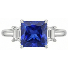 3 Stone Gold Ring Princess Blue Sapphire & Trapezoid Natural Earth Mined Diamonds 4 Carats
