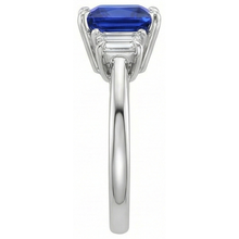 3 Stone Gold Ring Princess Blue Sapphire & Trapezoid Natural Earth Mined Diamonds 4 Carats
