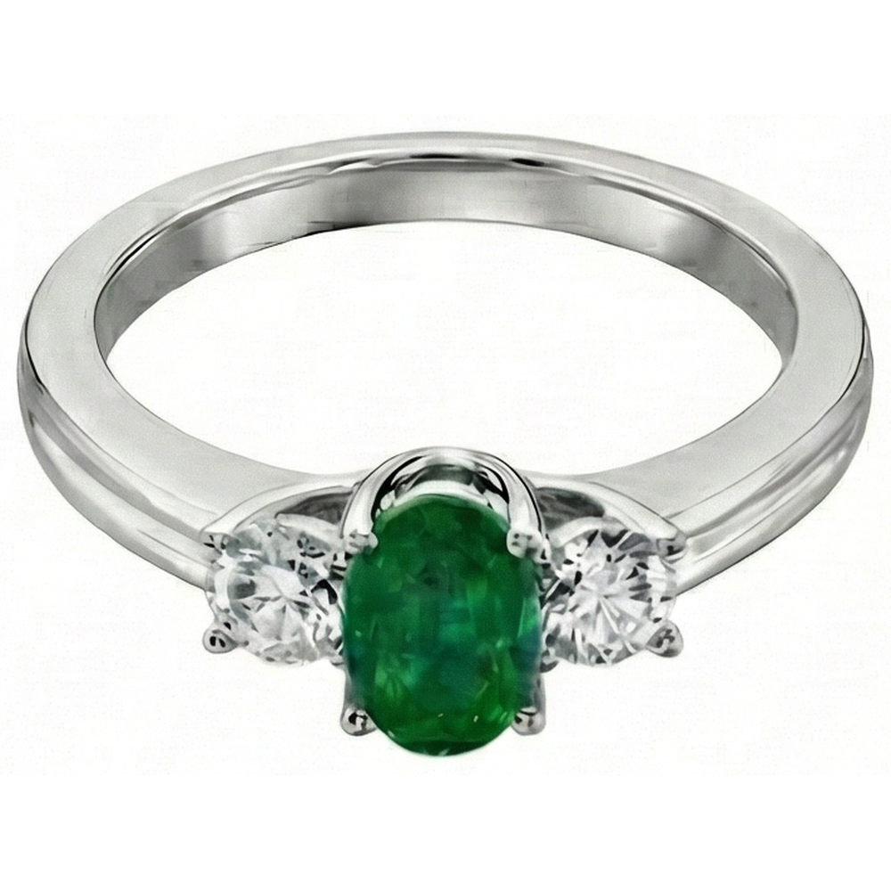 3 Stone Green Emerald And Natural Earth Mined Diamonds 3.50 Carats Wedding Ring White Gold 14K