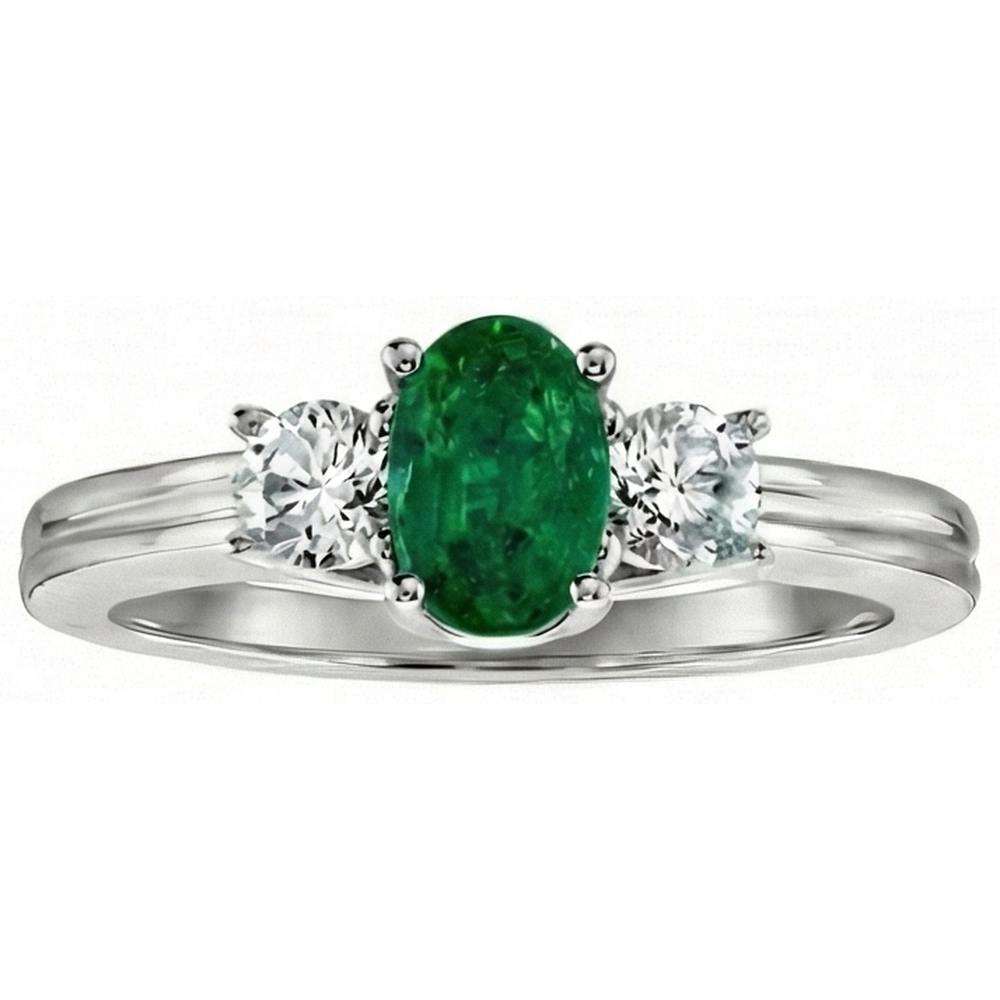 3 Stone Green Emerald And Natural Earth Mined Diamonds 3.50 Carats Wedding Ring White Gold 14K