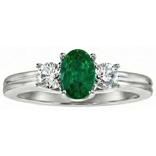 3 Stone Green Emerald And Natural Earth Mined Diamonds 3.50 Carats Wedding Ring White Gold 14K