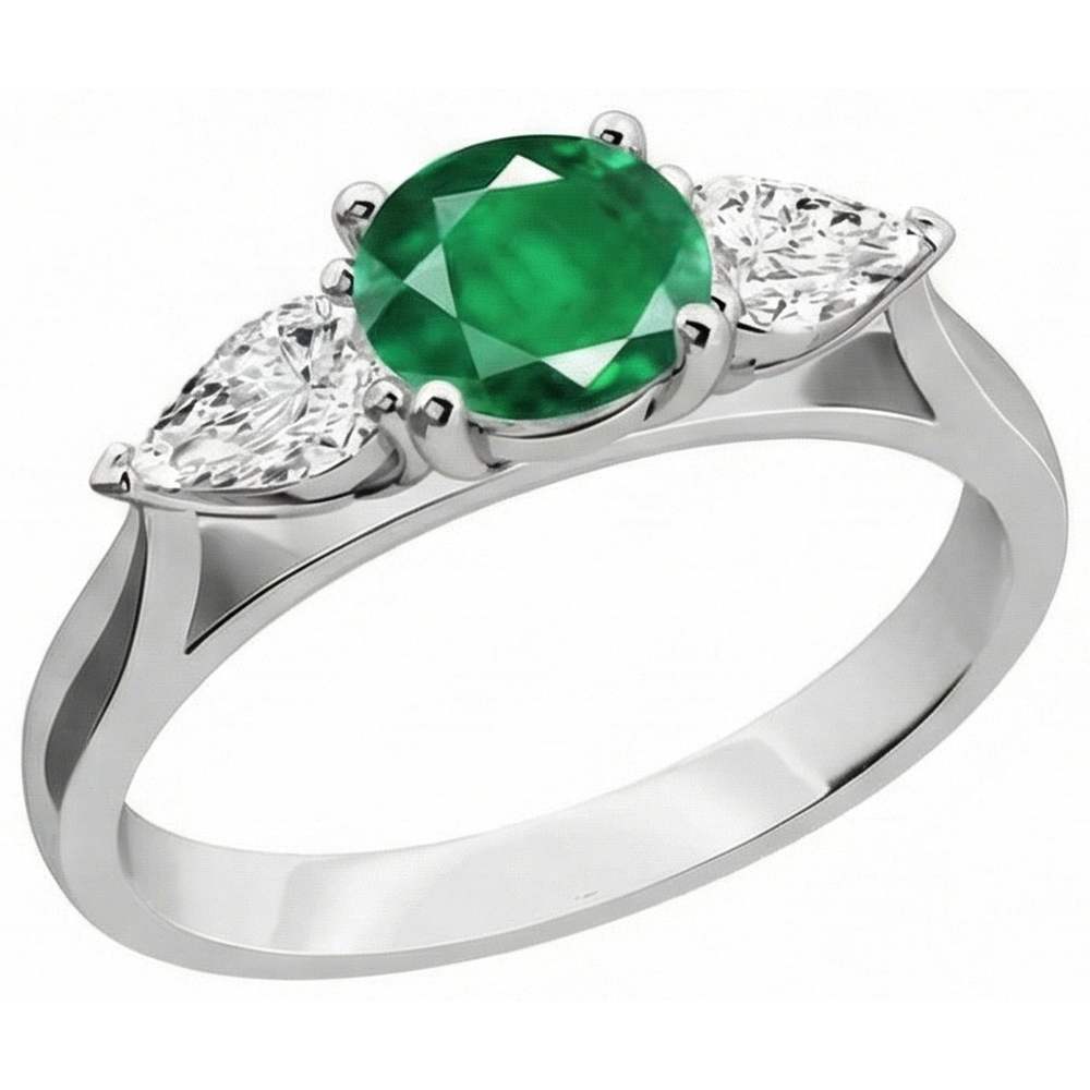 3 Stone Green Emerald & Natural Earth Mined DIAMOND ( NOT LAB GROWN )s 3 Carats Engagement Ring White Gold 14K