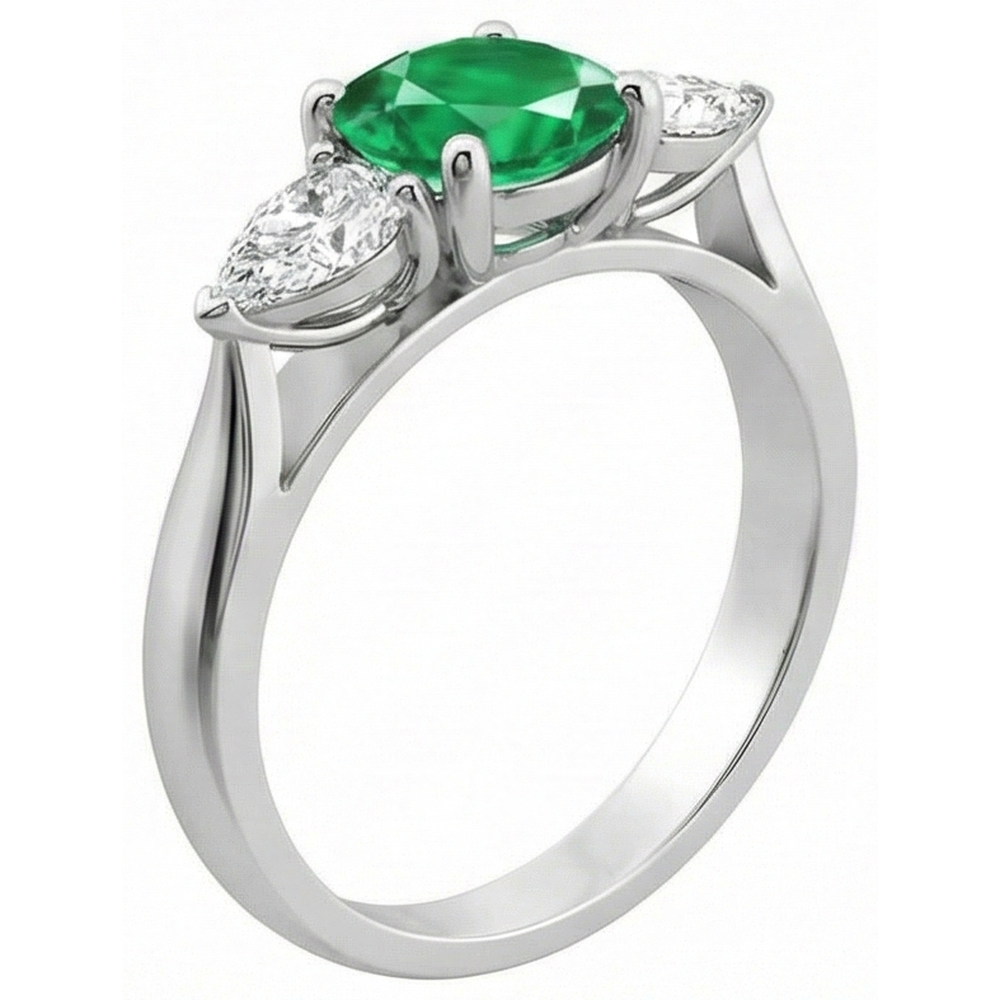3 Stone Green Emerald & Natural Earth Mined DIAMOND ( NOT LAB GROWN )s 3 Carats Engagement Ring White Gold 14K