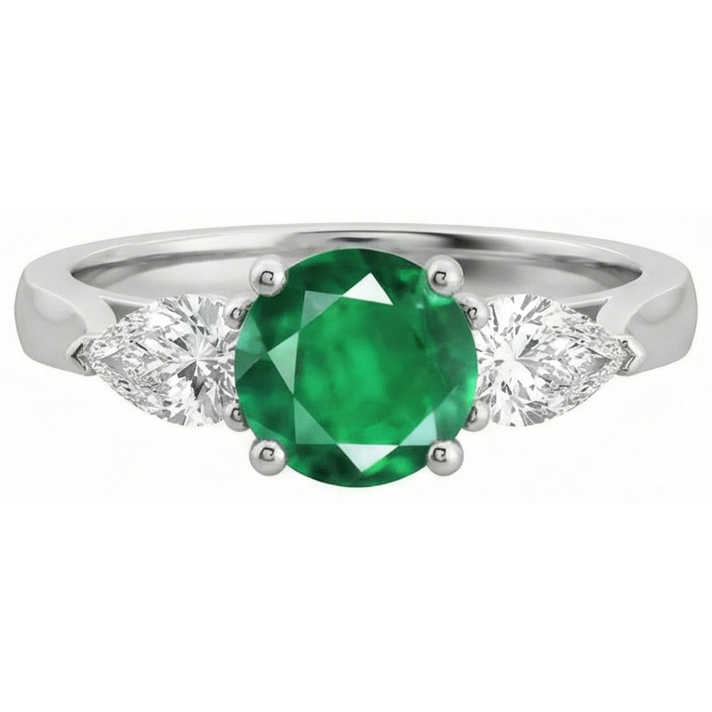3 Stone Green Emerald & Natural Earth Mined DIAMOND ( NOT LAB GROWN )s 3 Carats Engagement Ring White Gold 14K