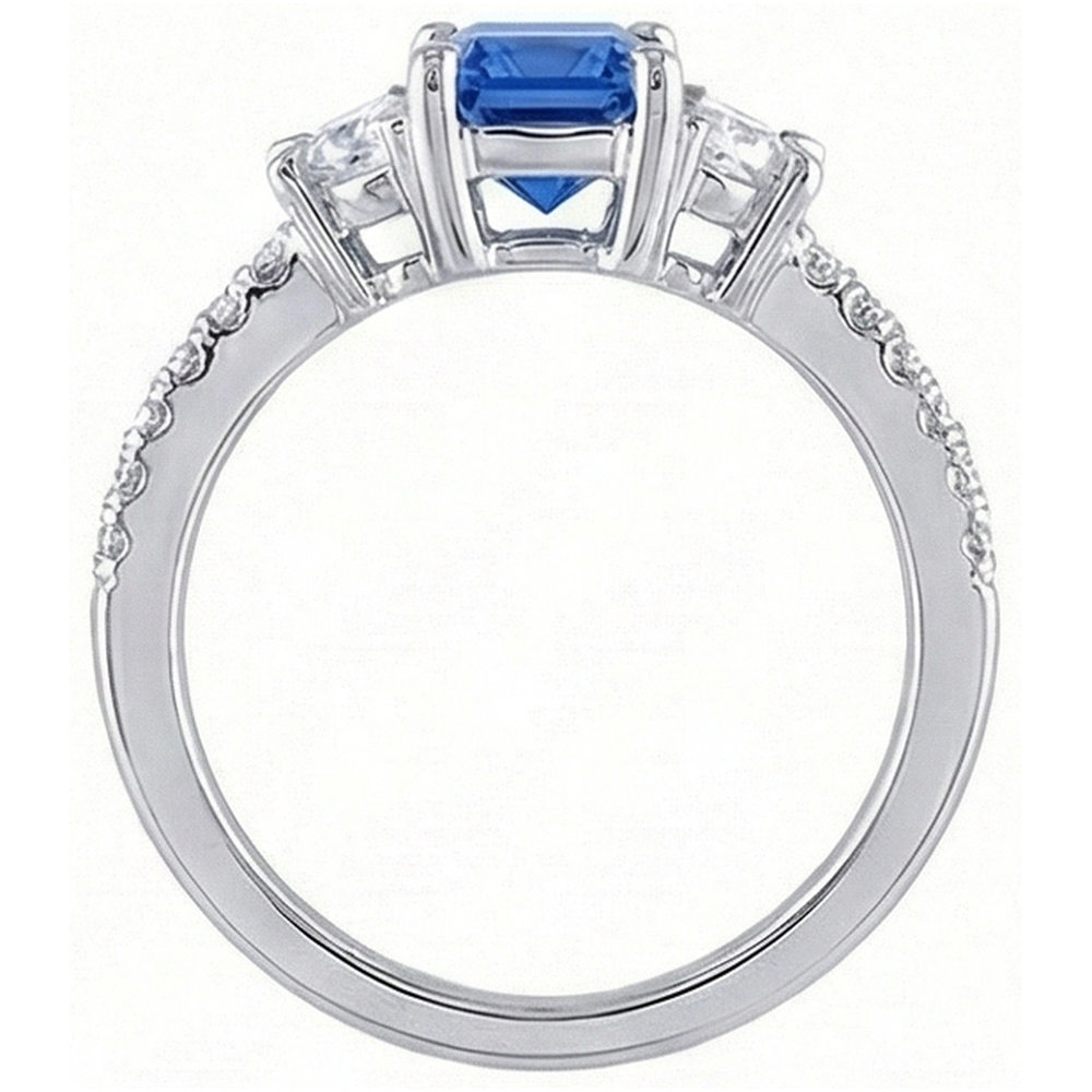 3 Stone Half Moon Natural Earth Mined Diamond Blue Sapphire Ring With Accents 3 Carats