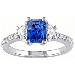 3 Stone Half Moon Natural Earth Mined Diamond Blue Sapphire Ring With Accents 3 Carats