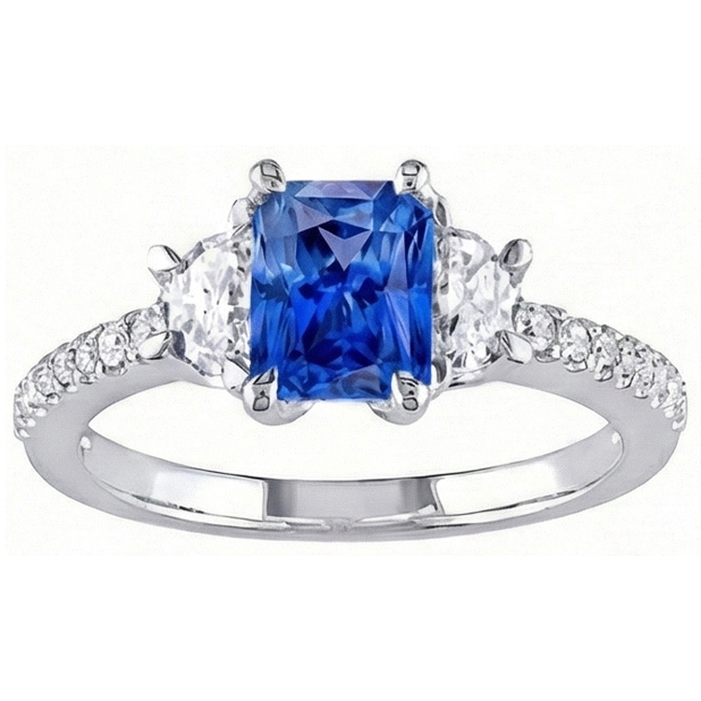 3 Stone Half Moon Natural Earth Mined Diamond Blue Sapphire Ring With Accents 3 Carats