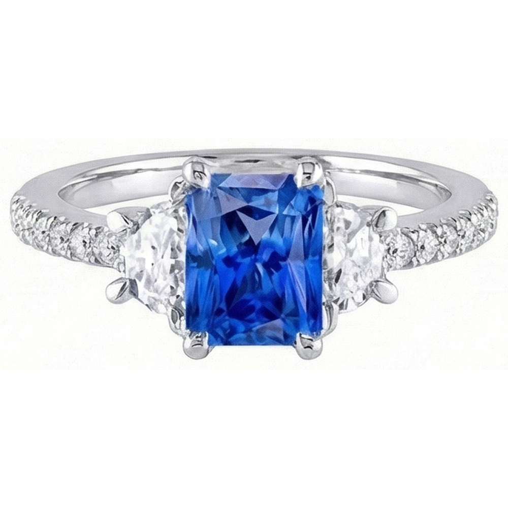 3 Stone Half Moon Natural Earth Mined Diamond Blue Sapphire Ring With Accents 3 Carats