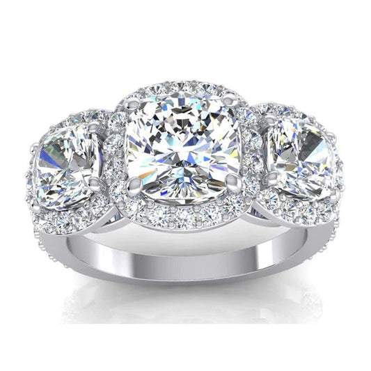3 Stone Halo Cushion Genuine Diamond Engagement Ring With Accents 6 Carats