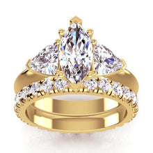 3 stone Marquise & Trilliant Diamond Ring with matching band Yellow Gold