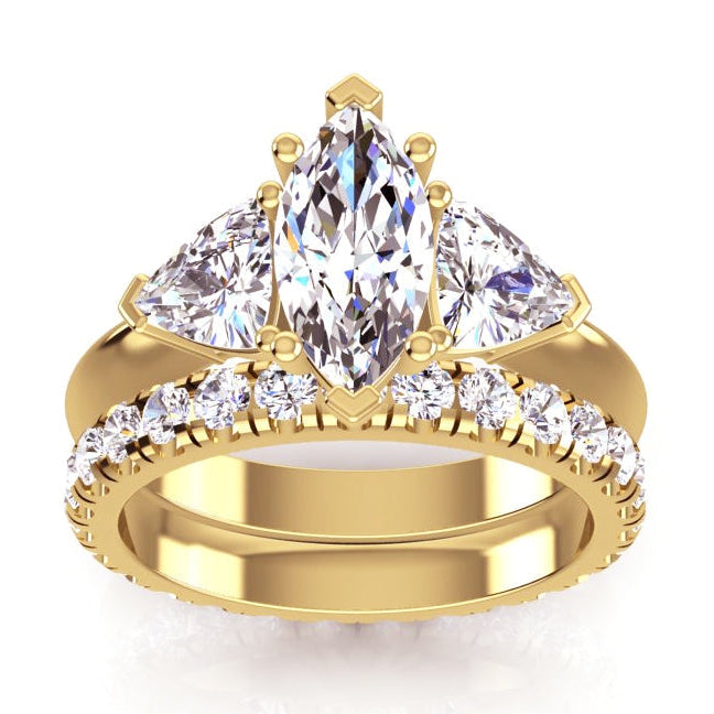 3 stone Marquise & Trilliant Diamond Ring with matching band Yellow Gold