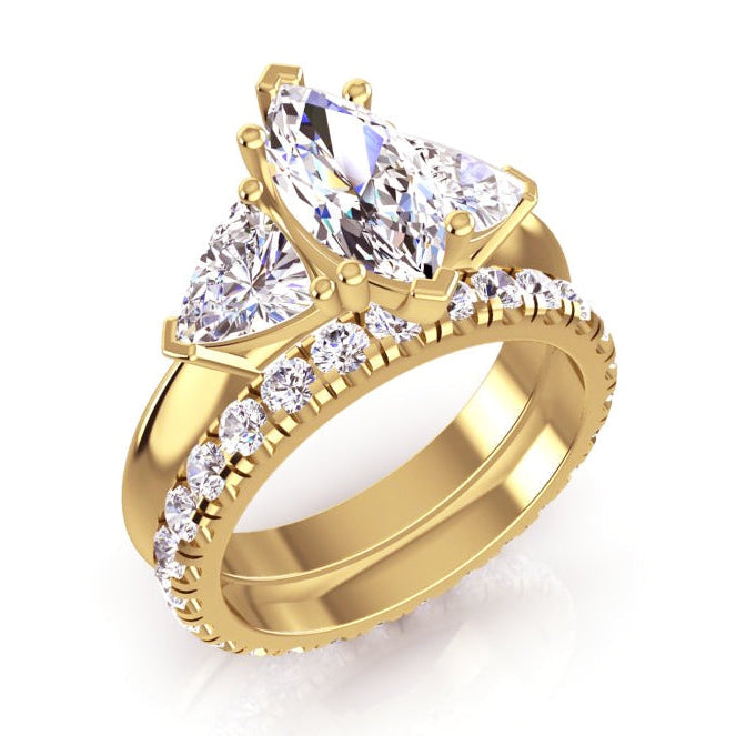 3 Stone Marquise Real Diamond Trillion Ring & Matching Band 3 Carats