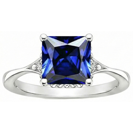 3 Stone Natural Earth Mined Diamond And Princess Cut Sri Lankan Sapphire Ring 3.75 Carats