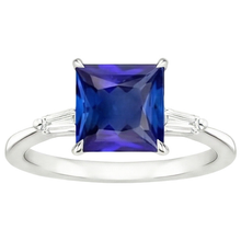 3 Stone Natural Earth Mined Diamond Ring Princess Blue Sapphire & Baguettes 5.50 Carats