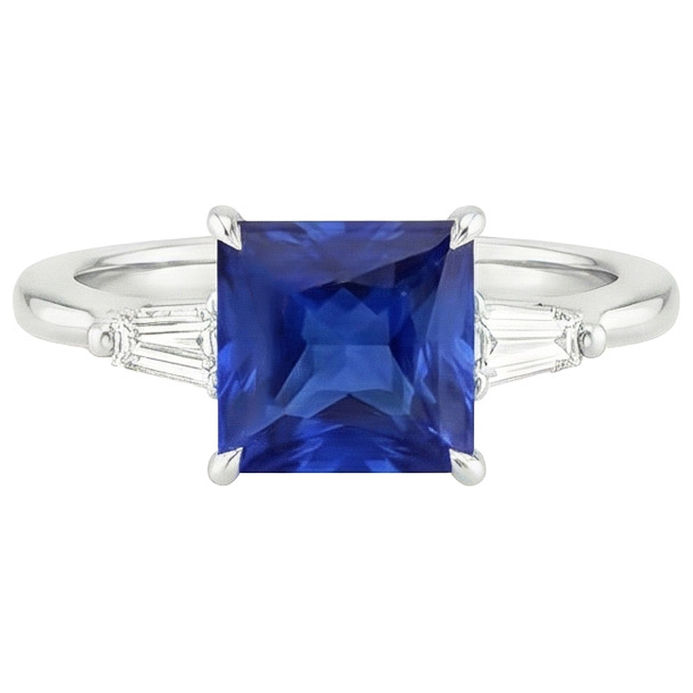 3 Stone Natural Earth Mined Diamond Ring Princess Blue Sapphire & Baguettes 5.50 Carats