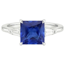 3 Stone Natural Earth Mined Diamond Ring Princess Blue Sapphire & Baguettes 5.50 Carats