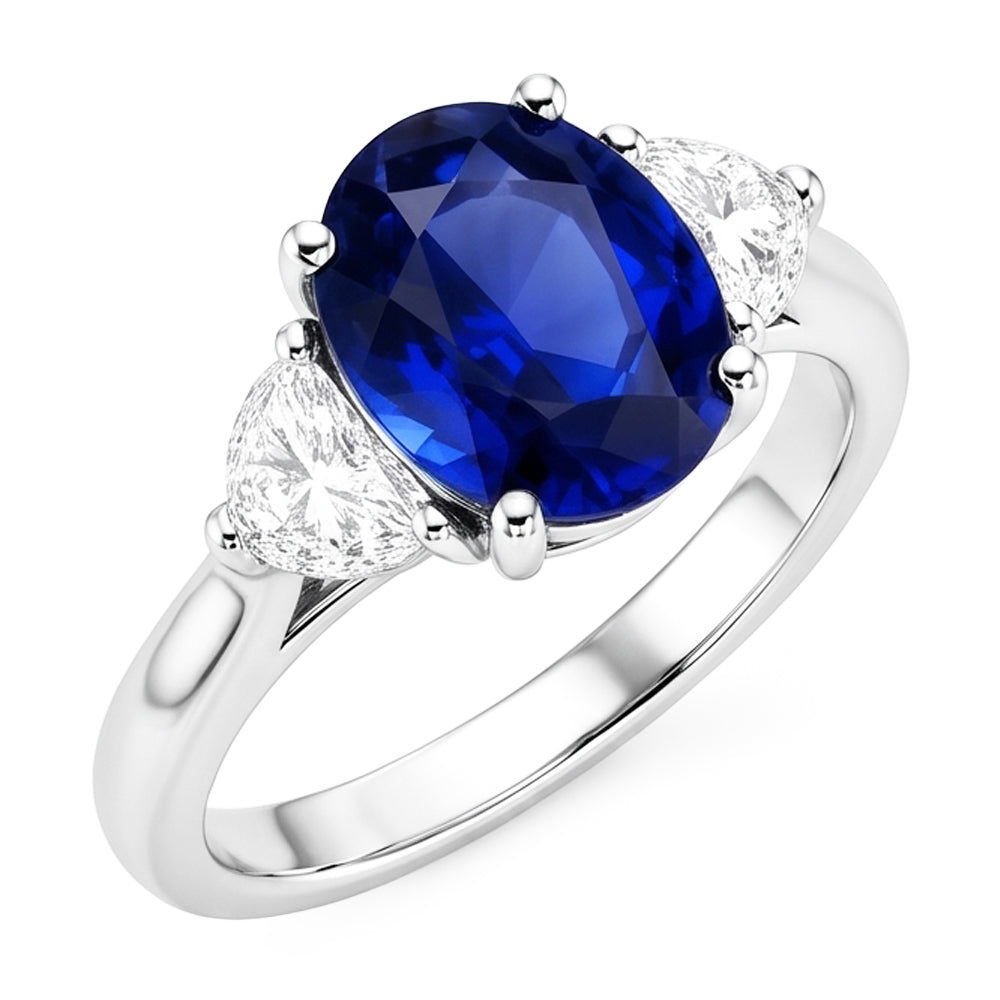 3 Stone Natural Earth Mined Diamond Ring With Oval Deep Blue Sapphire 8.25 Carats Gold 14K