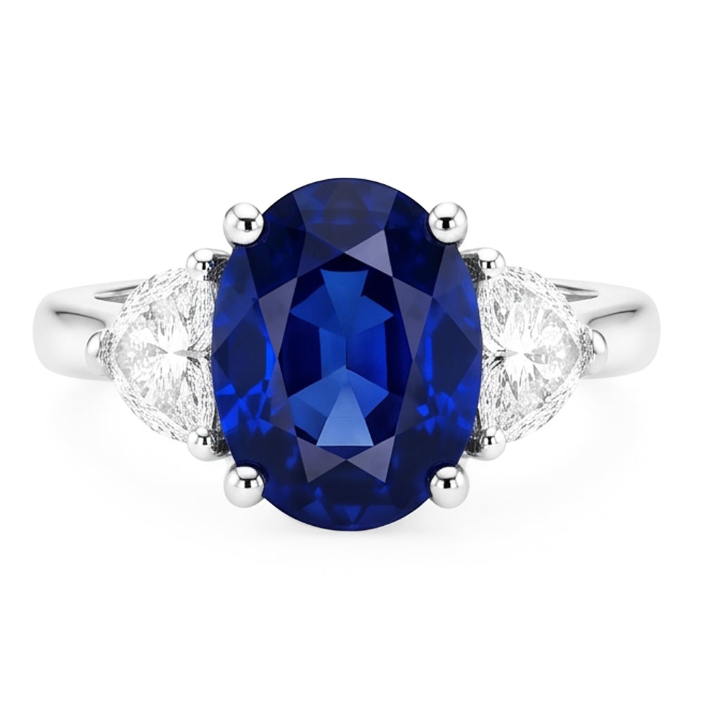 3 Stone Natural Earth Mined Diamond Ring With Oval Deep Blue Sapphire 8.25 Carats Gold 14K