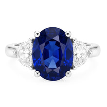3 Stone Natural Earth Mined Diamond Ring With Oval Deep Blue Sapphire 8.25 Carats Gold 14K