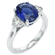 3 Stone Natural Earth Mined Diamond Ring With Oval Deep Blue Sapphire 8.25 Carats Gold 14K