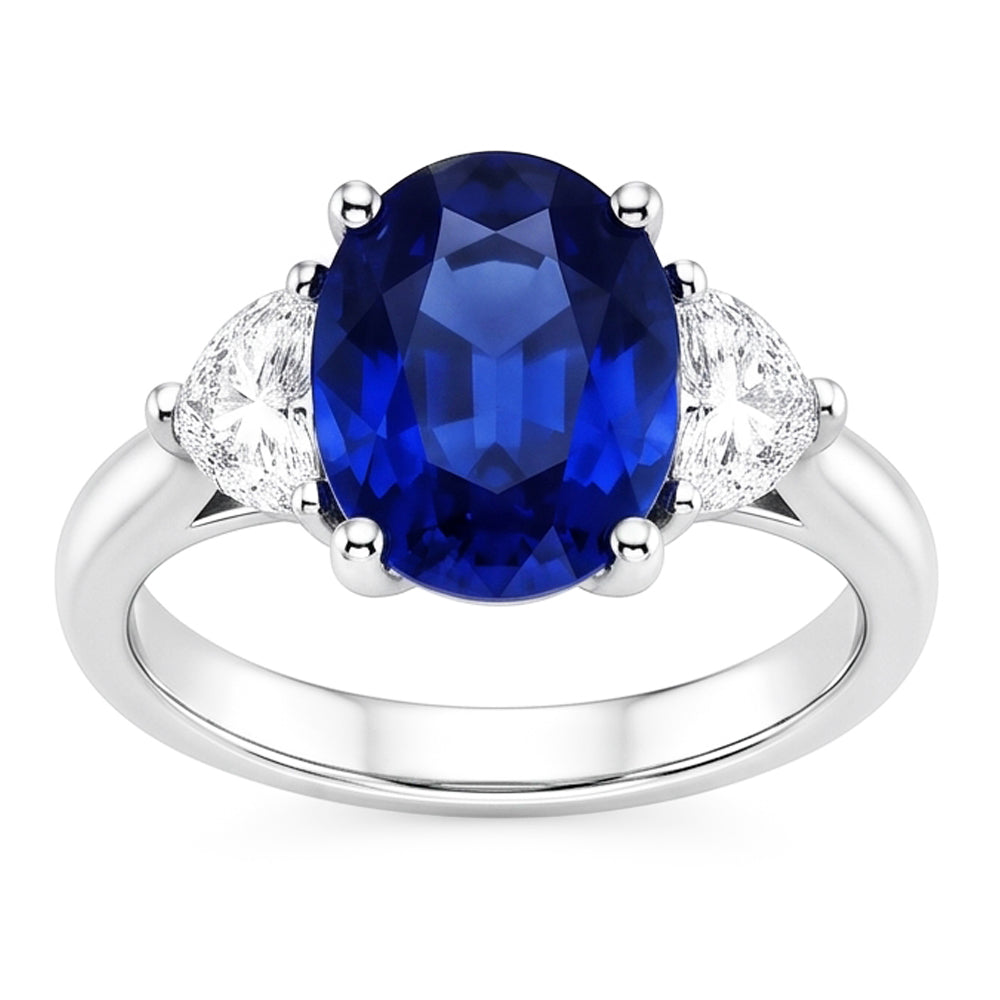 3 Stone Natural Earth Mined Diamond Ring With Oval Deep Blue Sapphire 8.25 Carats Gold 14K