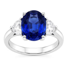 3 Stone Natural Earth Mined Diamond Ring With Oval Deep Blue Sapphire 8.25 Carats Gold 14K