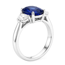 3 Stone Natural Earth Mined Diamond Ring With Oval Deep Blue Sapphire 8.25 Carats Gold 14K