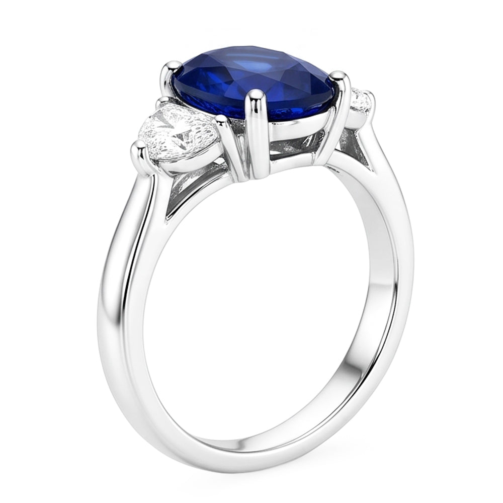 3 Stone Natural Earth Mined Diamond Ring With Oval Deep Blue Sapphire 8.25 Carats Gold 14K
