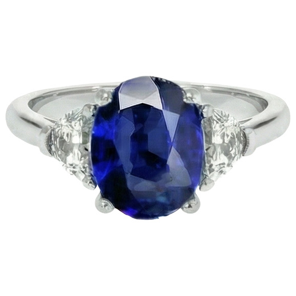 3 Stone Natural Earth Mined Diamond Ring With Oval Deep Blue Sapphire 8.25 Carats Gold 14K