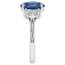 3 Stone Natural Earth Mined Diamond Ring With Oval Deep Blue Sapphire 8.25 Carats Gold 14K
