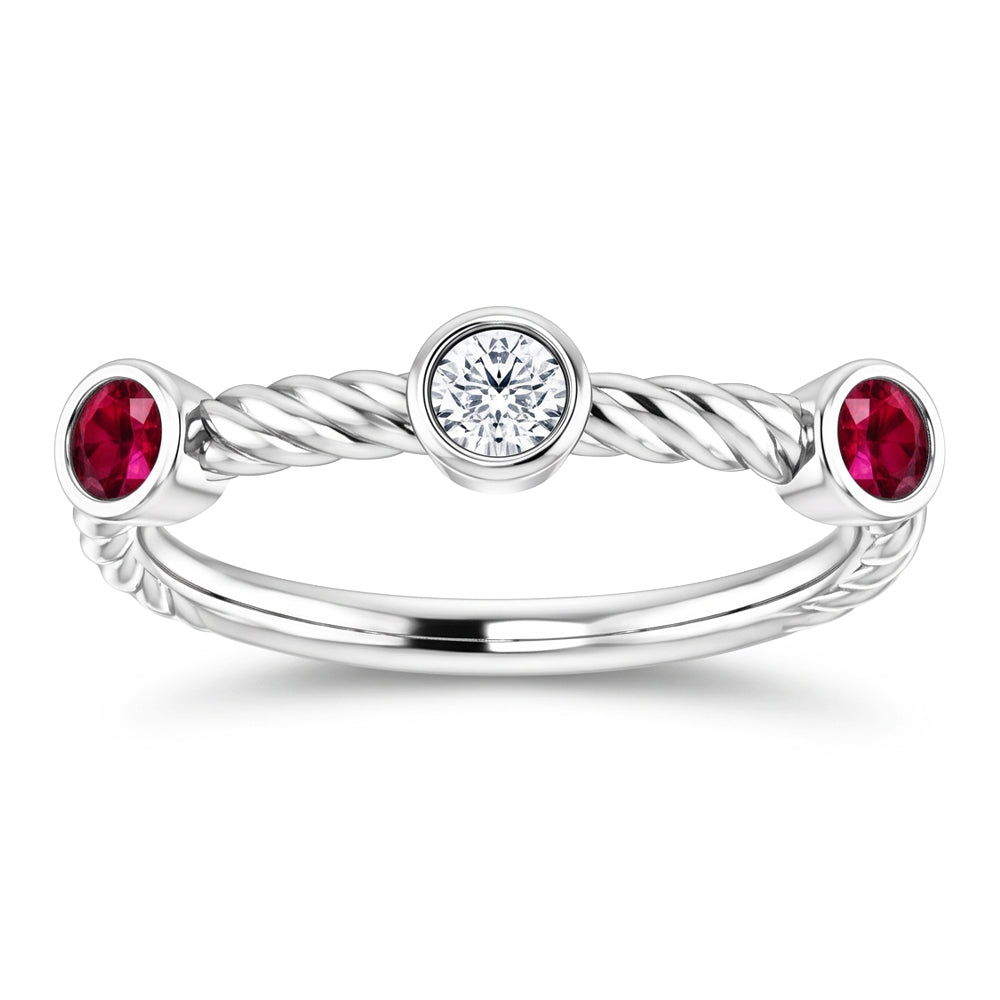 3 Stone Natural Earth Mined Diamond Ruby Ring 0.90 Carats Rope Twisted Jewellery New