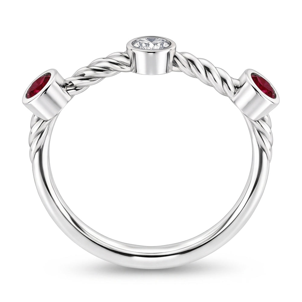 3 Stone Natural Earth Mined Diamond Ruby Ring 0.90 Carats Rope Twisted Jewellery New