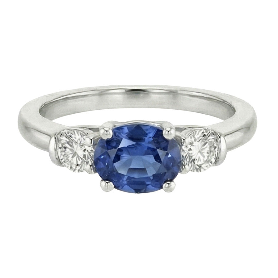 3 Stone Natural Earth Mined Diamond & Blue Sapphire Ring 2.25 Carats Gold U Prong Setting