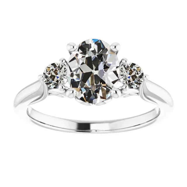 3 Stone Natural Round & Oval Old Miner Diamond Ring 4 Carats 14K Gold