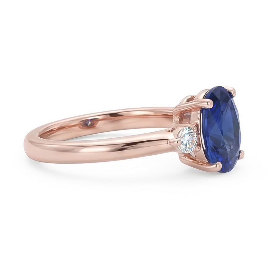 3 Stone Oval Cut Sapphire Ring With Small Round Natural Earth Mined Diamonds 2.25 Carats